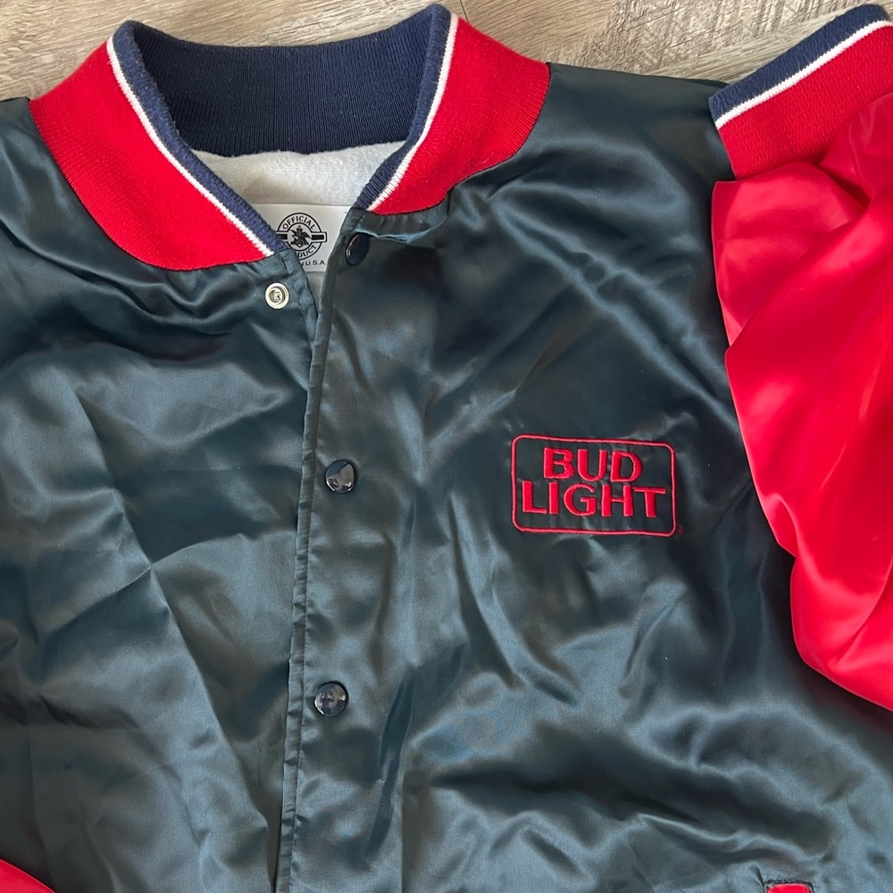 Vintage Bud Light Budweiser Satin Jacket XL Men Blue Red Embroidered Beer Lined